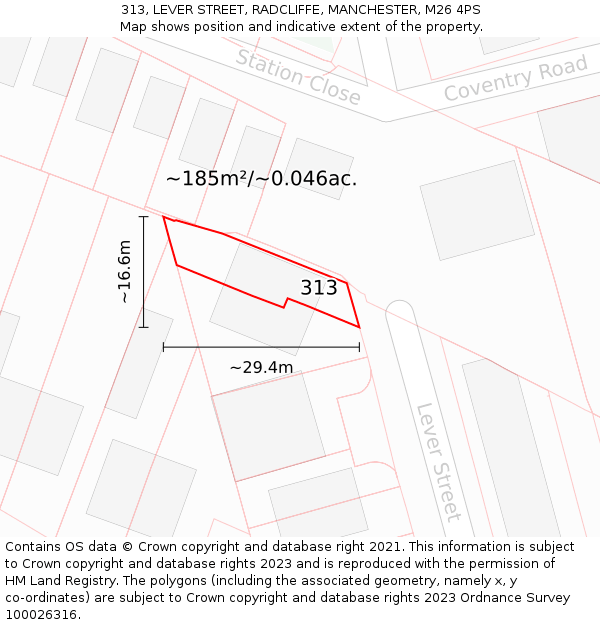 313, LEVER STREET, RADCLIFFE, MANCHESTER, M26 4PS: Plot and title map