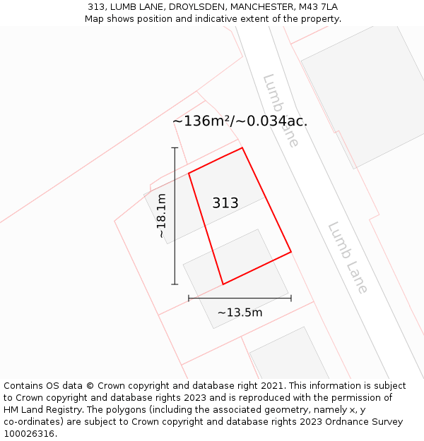 313, LUMB LANE, DROYLSDEN, MANCHESTER, M43 7LA: Plot and title map