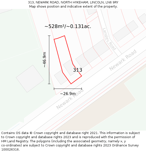 313, NEWARK ROAD, NORTH HYKEHAM, LINCOLN, LN6 9RY: Plot and title map