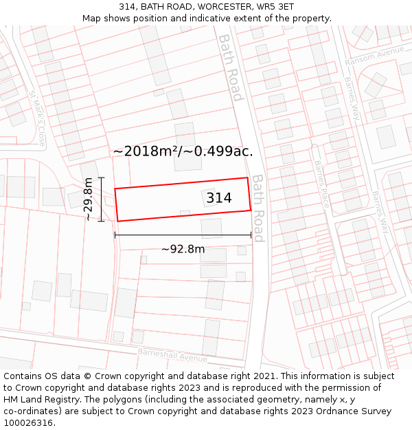 314, BATH ROAD, WORCESTER, WR5 3ET: Plot and title map