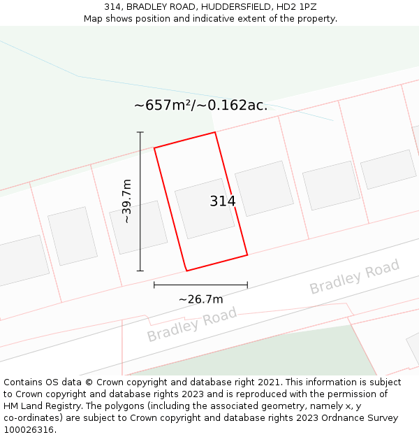 314, BRADLEY ROAD, HUDDERSFIELD, HD2 1PZ: Plot and title map