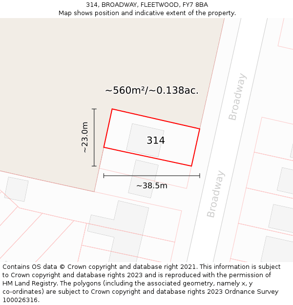 314, BROADWAY, FLEETWOOD, FY7 8BA: Plot and title map