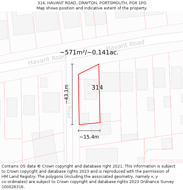 314, HAVANT ROAD, DRAYTON, PORTSMOUTH, PO6 1PG: Plot and title map