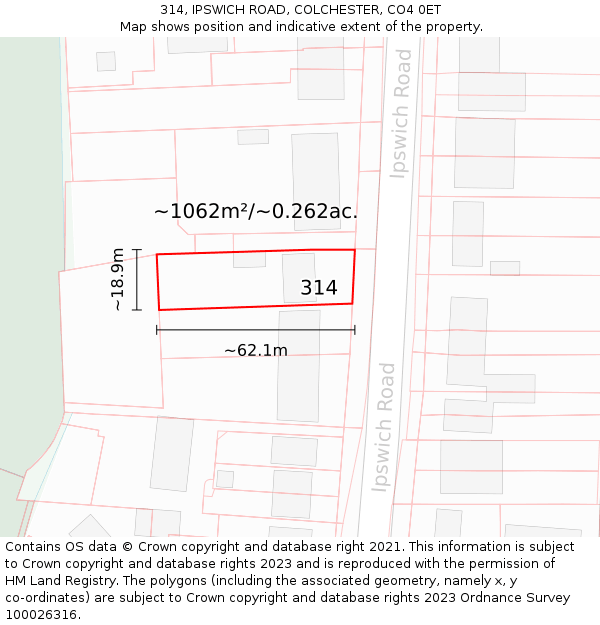 314, IPSWICH ROAD, COLCHESTER, CO4 0ET: Plot and title map