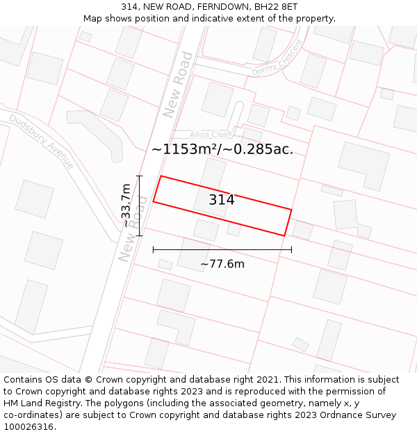 314, NEW ROAD, FERNDOWN, BH22 8ET: Plot and title map