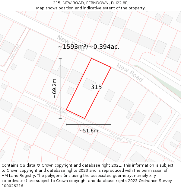 315, NEW ROAD, FERNDOWN, BH22 8EJ: Plot and title map