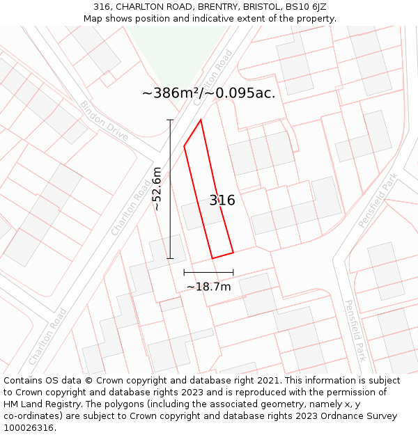 316, CHARLTON ROAD, BRENTRY, BRISTOL, BS10 6JZ: Plot and title map