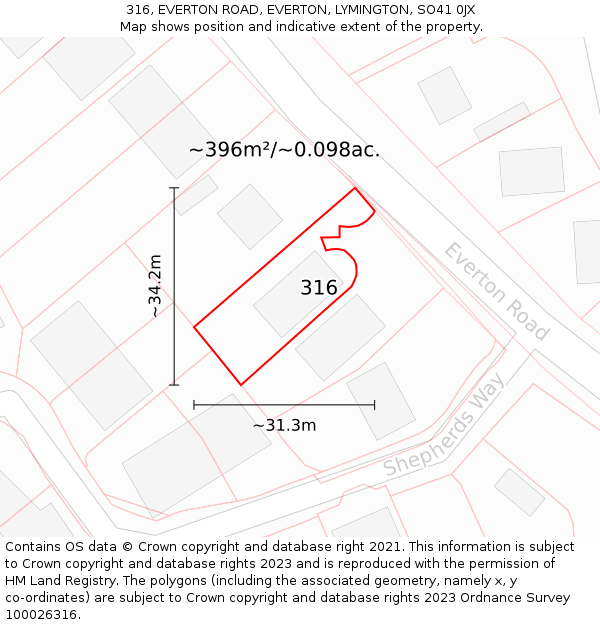 316, EVERTON ROAD, EVERTON, LYMINGTON, SO41 0JX: Plot and title map