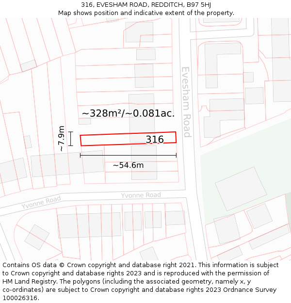 316, EVESHAM ROAD, REDDITCH, B97 5HJ: Plot and title map