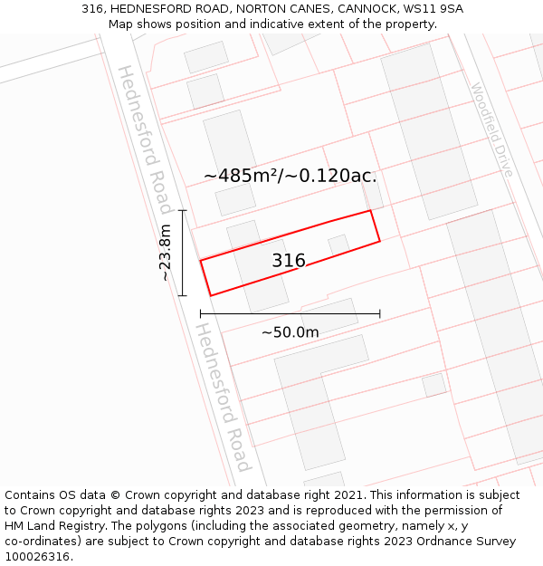 316, HEDNESFORD ROAD, NORTON CANES, CANNOCK, WS11 9SA: Plot and title map