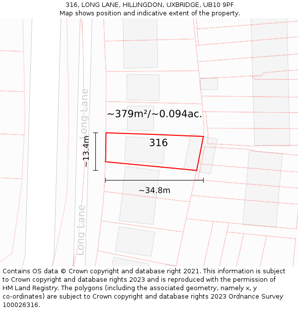 316, LONG LANE, HILLINGDON, UXBRIDGE, UB10 9PF: Plot and title map