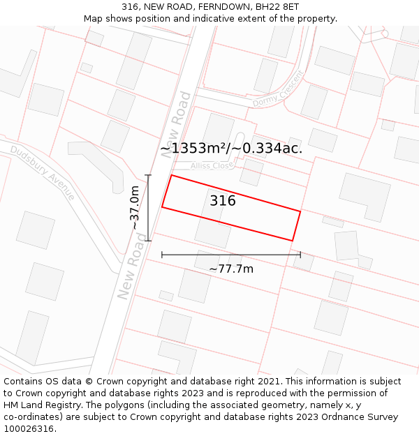 316, NEW ROAD, FERNDOWN, BH22 8ET: Plot and title map