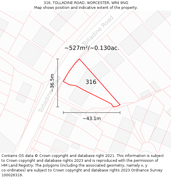 316, TOLLADINE ROAD, WORCESTER, WR4 9NG: Plot and title map