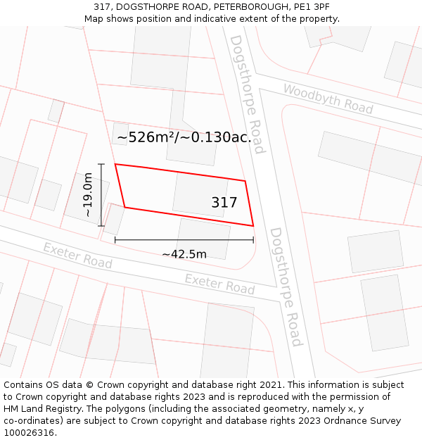 317, DOGSTHORPE ROAD, PETERBOROUGH, PE1 3PF: Plot and title map