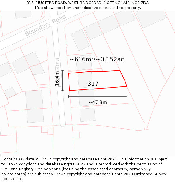 317, MUSTERS ROAD, WEST BRIDGFORD, NOTTINGHAM, NG2 7DA: Plot and title map