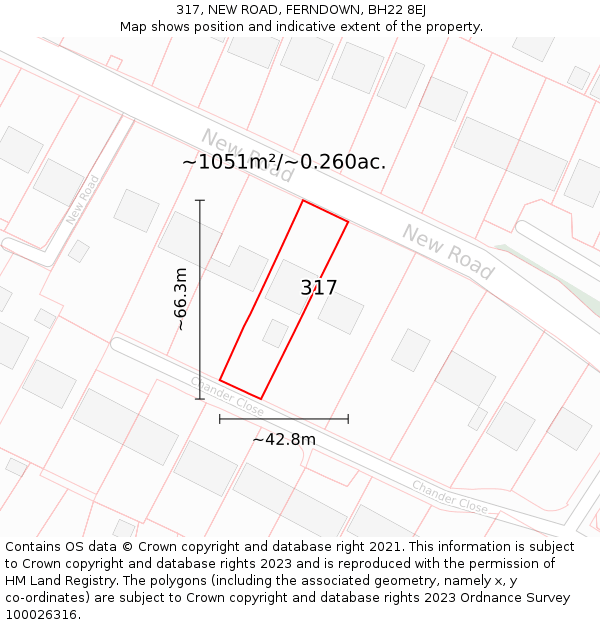 317, NEW ROAD, FERNDOWN, BH22 8EJ: Plot and title map