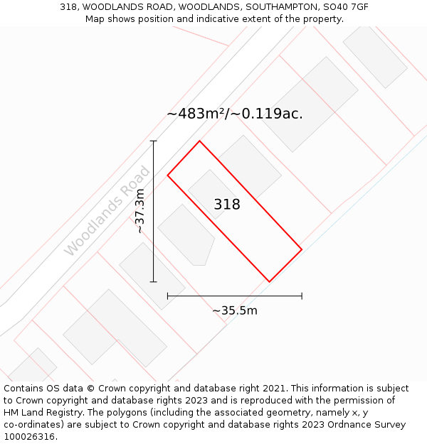 318, WOODLANDS ROAD, WOODLANDS, SOUTHAMPTON, SO40 7GF: Plot and title map