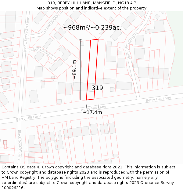 319, BERRY HILL LANE, MANSFIELD, NG18 4JB: Plot and title map