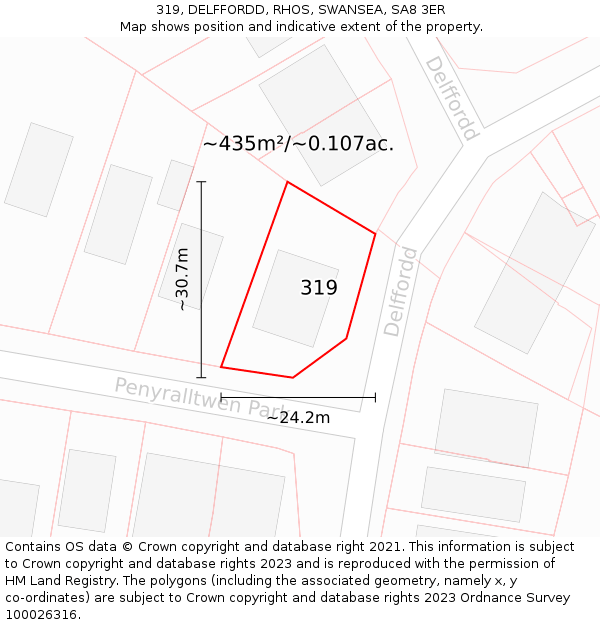 319, DELFFORDD, RHOS, SWANSEA, SA8 3ER: Plot and title map