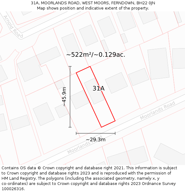 31A, MOORLANDS ROAD, WEST MOORS, FERNDOWN, BH22 0JN: Plot and title map