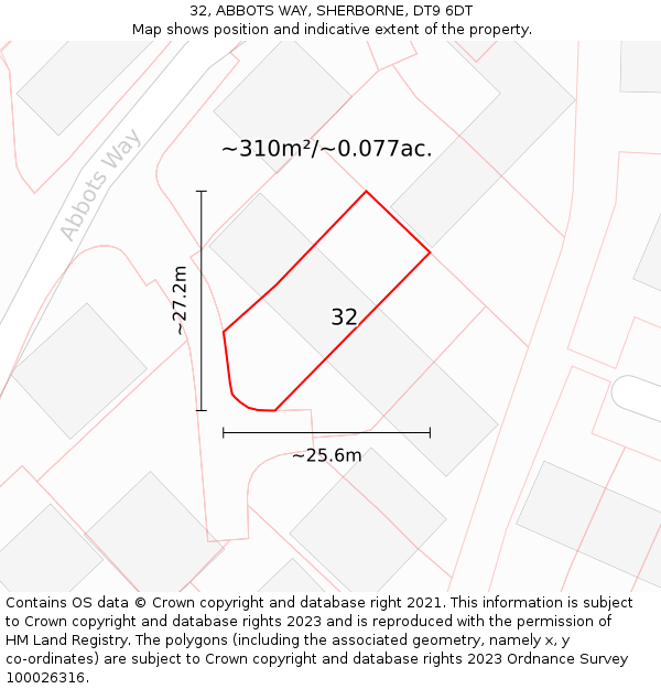 32, ABBOTS WAY, SHERBORNE, DT9 6DT: Plot and title map