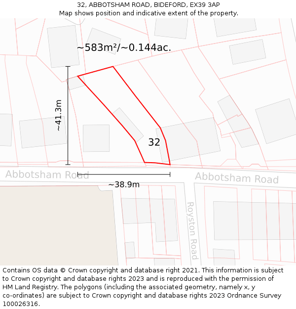 32, ABBOTSHAM ROAD, BIDEFORD, EX39 3AP: Plot and title map