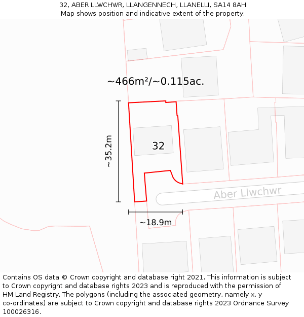 32, ABER LLWCHWR, LLANGENNECH, LLANELLI, SA14 8AH: Plot and title map