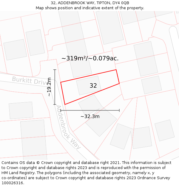 32, ADDENBROOK WAY, TIPTON, DY4 0QB: Plot and title map