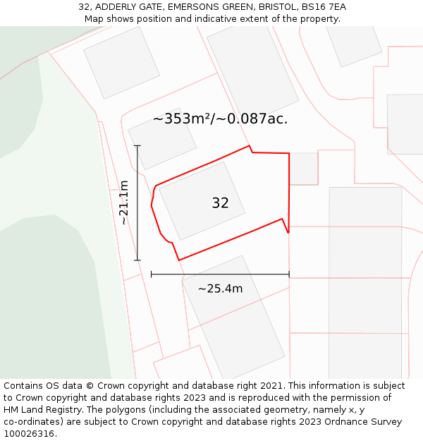 32, ADDERLY GATE, EMERSONS GREEN, BRISTOL, BS16 7EA: Plot and title map