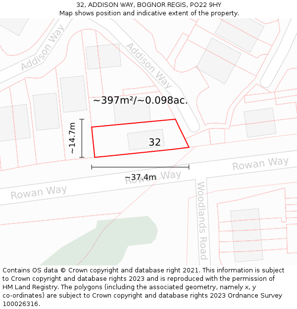 32, ADDISON WAY, BOGNOR REGIS, PO22 9HY: Plot and title map