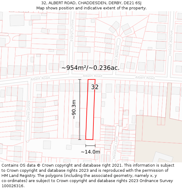 32, ALBERT ROAD, CHADDESDEN, DERBY, DE21 6SJ: Plot and title map