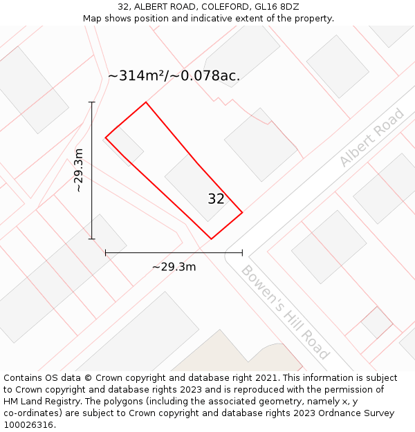 32, ALBERT ROAD, COLEFORD, GL16 8DZ: Plot and title map