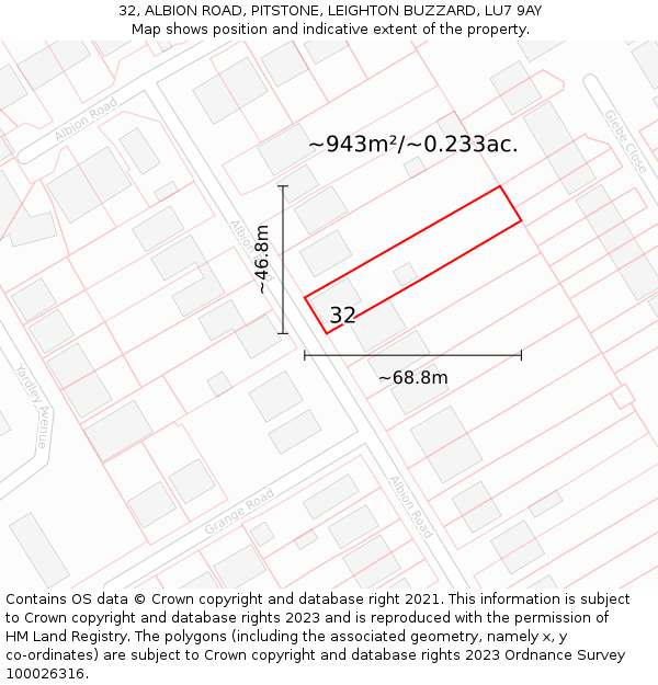 32, ALBION ROAD, PITSTONE, LEIGHTON BUZZARD, LU7 9AY: Plot and title map