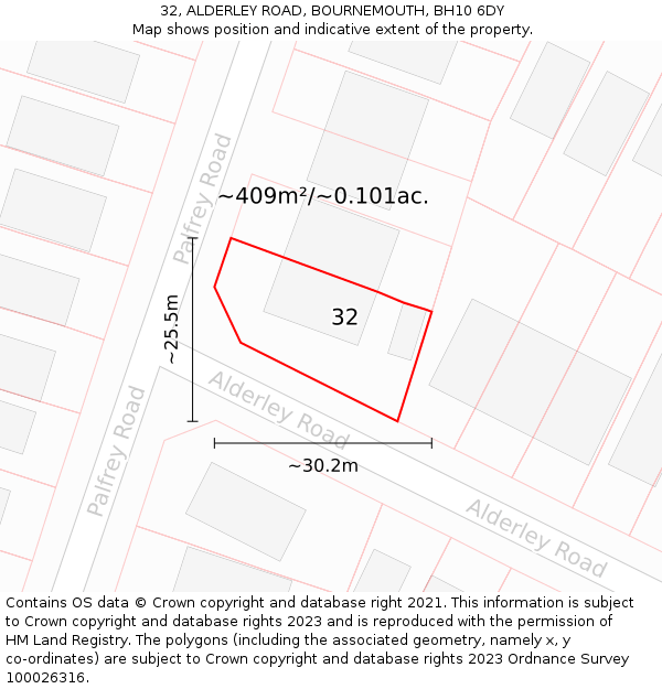 32, ALDERLEY ROAD, BOURNEMOUTH, BH10 6DY: Plot and title map