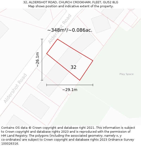 32, ALDERSHOT ROAD, CHURCH CROOKHAM, FLEET, GU52 8LG: Plot and title map