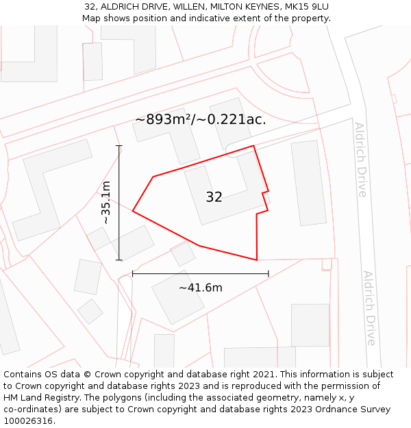 32, ALDRICH DRIVE, WILLEN, MILTON KEYNES, MK15 9LU: Plot and title map