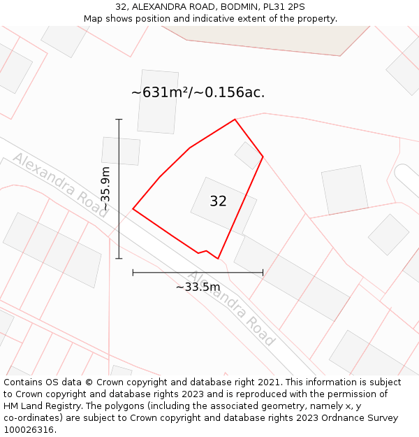 32, ALEXANDRA ROAD, BODMIN, PL31 2PS: Plot and title map
