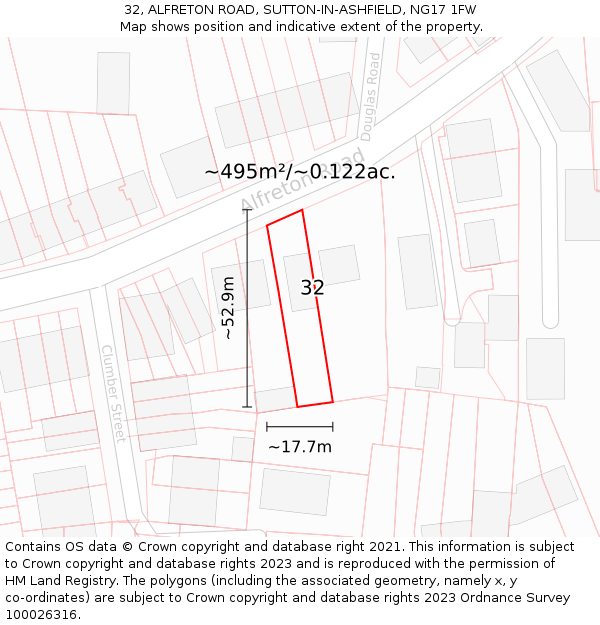 32, ALFRETON ROAD, SUTTON-IN-ASHFIELD, NG17 1FW: Plot and title map