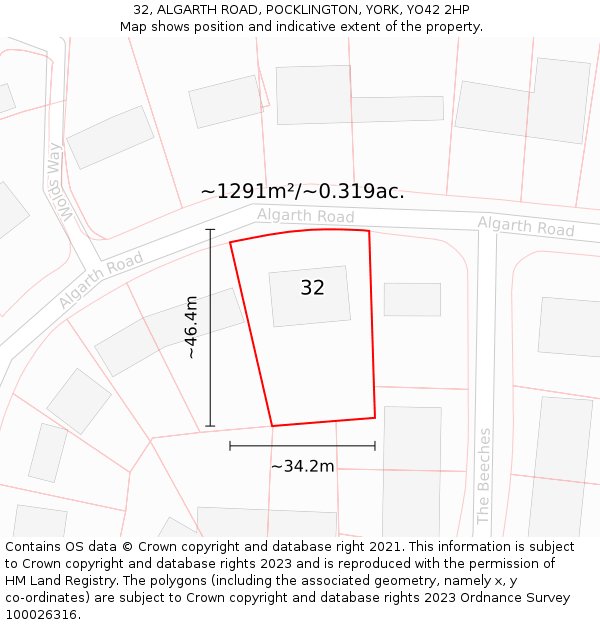 32, ALGARTH ROAD, POCKLINGTON, YORK, YO42 2HP: Plot and title map