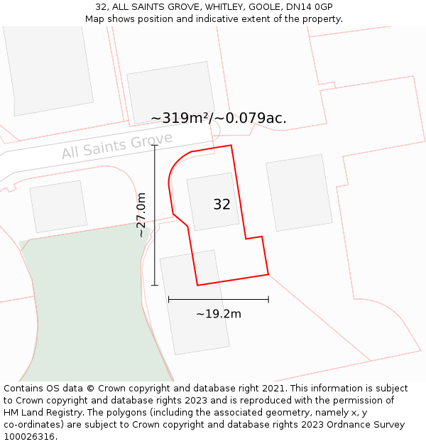 32, ALL SAINTS GROVE, WHITLEY, GOOLE, DN14 0GP: Plot and title map