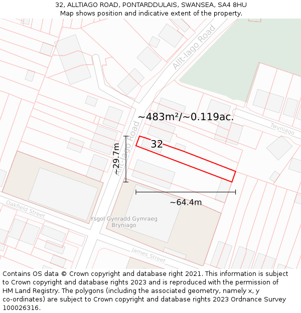 32, ALLTIAGO ROAD, PONTARDDULAIS, SWANSEA, SA4 8HU: Plot and title map