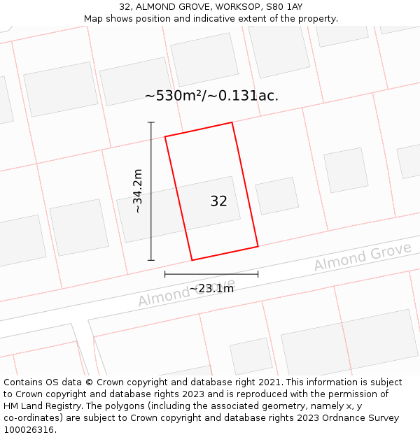 32, ALMOND GROVE, WORKSOP, S80 1AY: Plot and title map