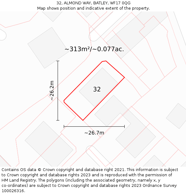 32, ALMOND WAY, BATLEY, WF17 0QG: Plot and title map