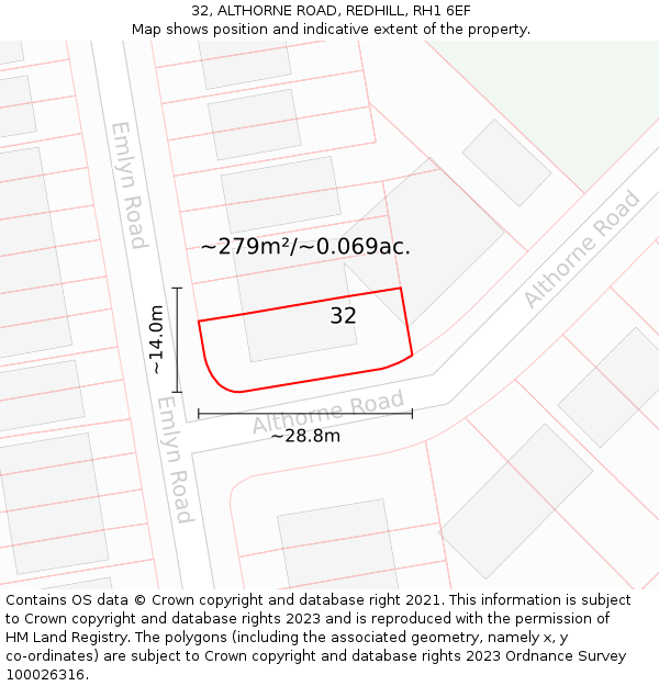 32, ALTHORNE ROAD, REDHILL, RH1 6EF: Plot and title map