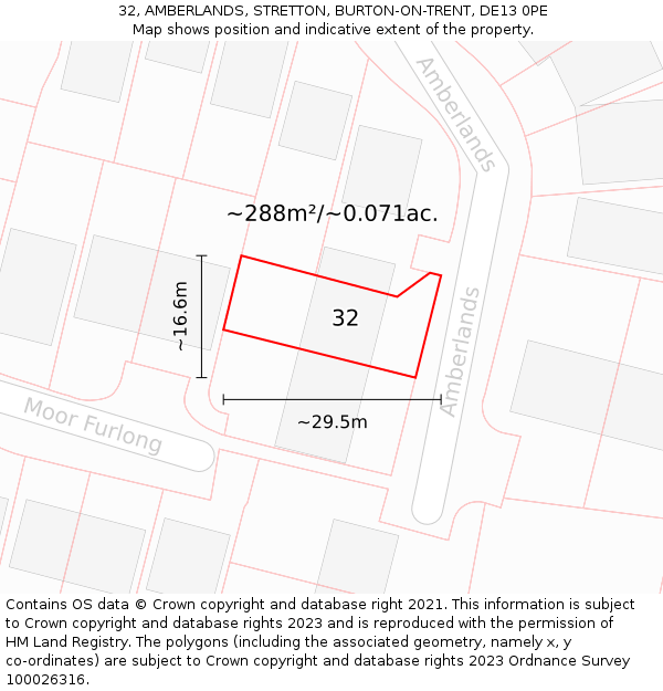 32, AMBERLANDS, STRETTON, BURTON-ON-TRENT, DE13 0PE: Plot and title map