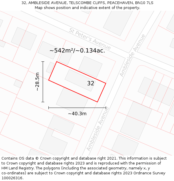 32, AMBLESIDE AVENUE, TELSCOMBE CLIFFS, PEACEHAVEN, BN10 7LS: Plot and title map