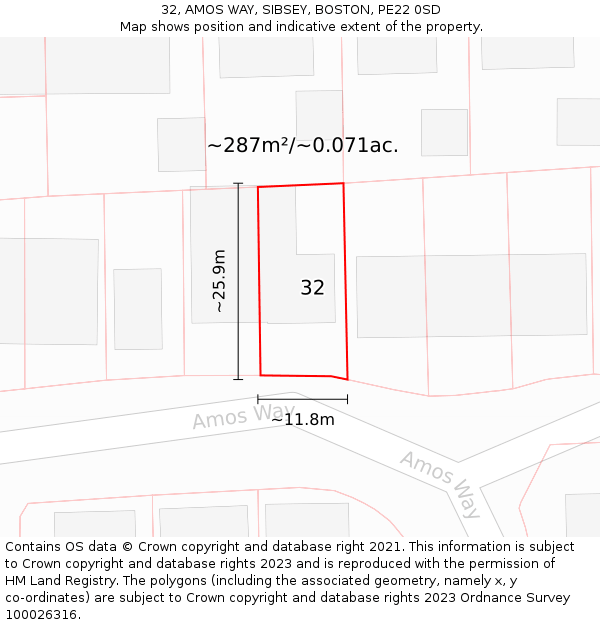 32, AMOS WAY, SIBSEY, BOSTON, PE22 0SD: Plot and title map