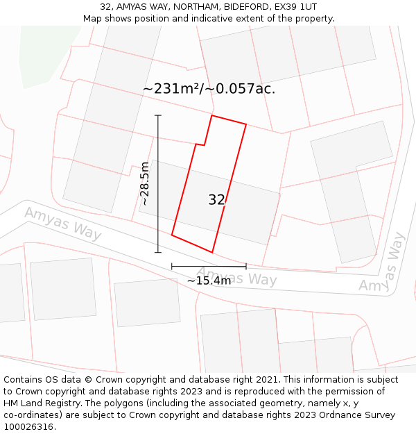 32, AMYAS WAY, NORTHAM, BIDEFORD, EX39 1UT: Plot and title map