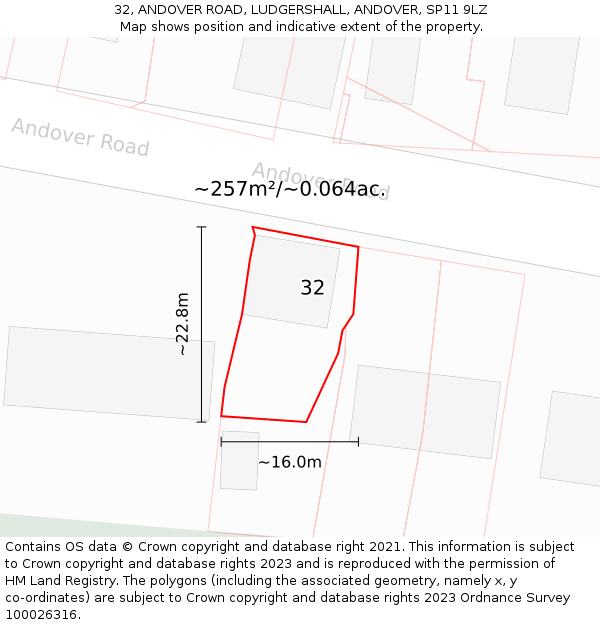 32, ANDOVER ROAD, LUDGERSHALL, ANDOVER, SP11 9LZ: Plot and title map