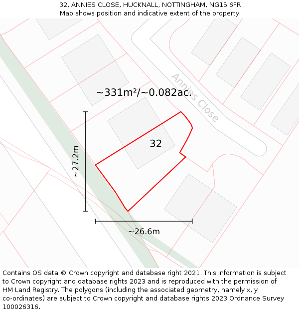 32, ANNIES CLOSE, HUCKNALL, NOTTINGHAM, NG15 6FR: Plot and title map